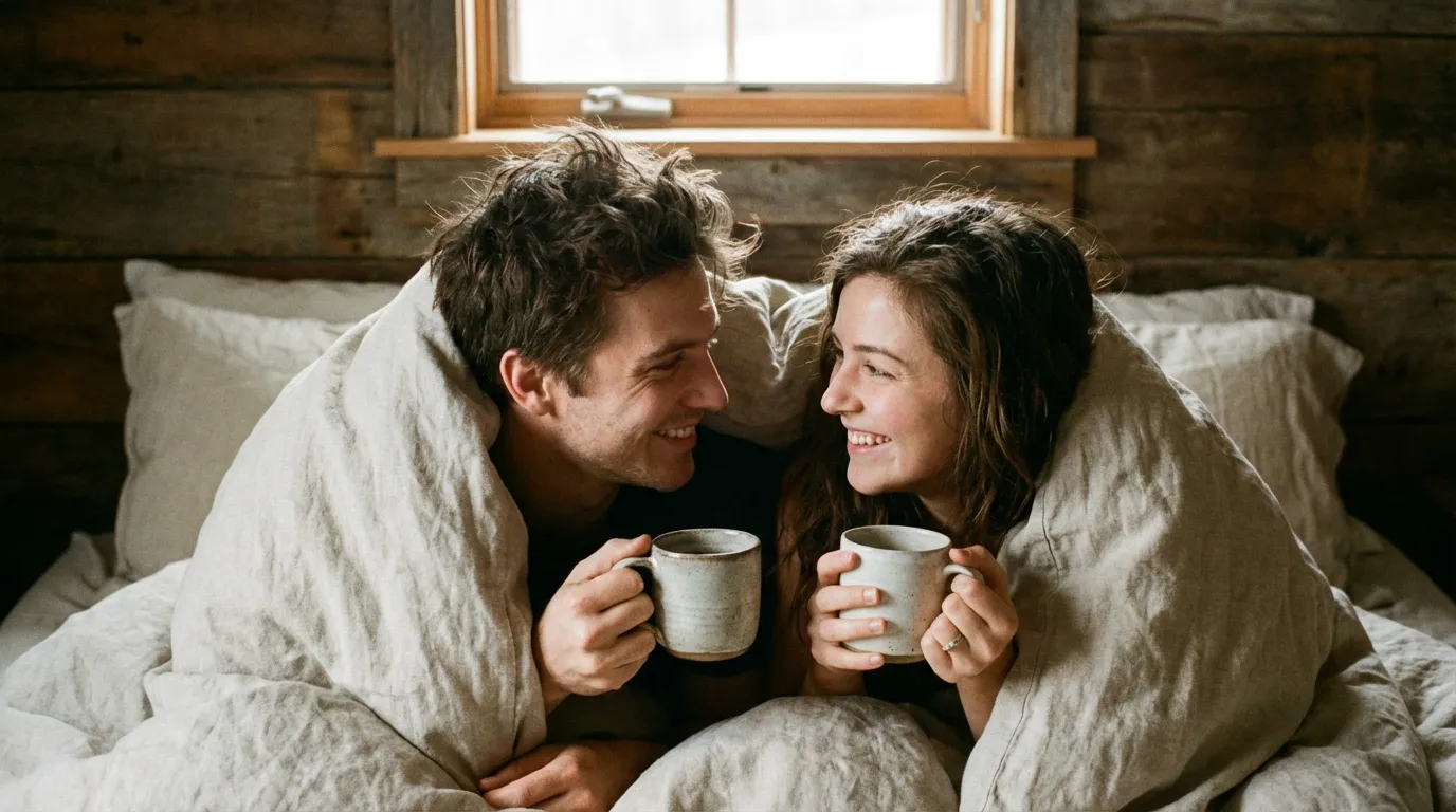 Paar genießt den Morgen im Hotelbett